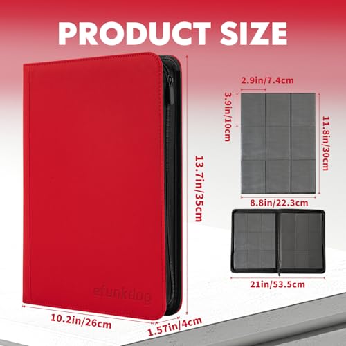 Trading Card Binder, 9 Pockets Card Album Folder, 360 Side Loading Pocket PU Cover with Zipper Binder for TCG, Sport Cards (Red)