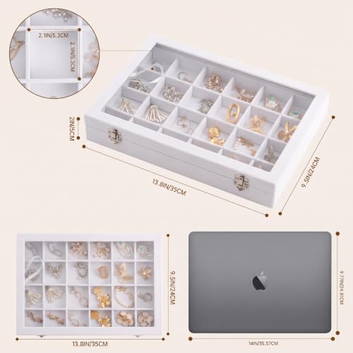 Frebeauty 24 Grid Earring Organizer,Velvet Jewelry Tray with Clear Lid - color: White, size: 24 Grid