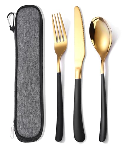 MURRI&MURRDI Travel Stainless Steel Cutlery Set for 1, Reusable Flatware Set with Case, Camping Silverware Set for Work, Knife Fork Spoon Utensil Set 3 Piece, Black Gold - color: B- 3 Black Gold