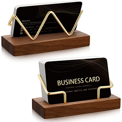 Amyhill 2 Pcs Wood Business Card Holder Display for Desk Gold Card Stand - color: Wood Color, Gold