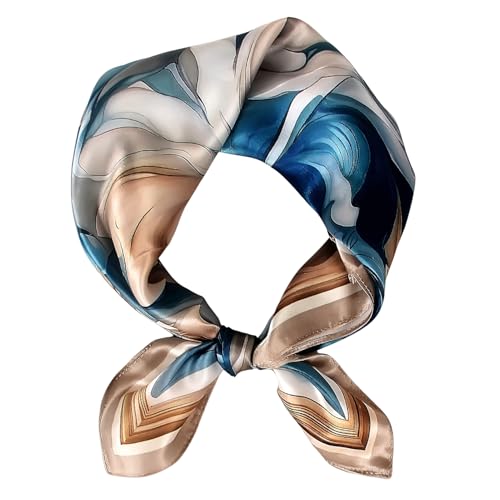 Women 100% Mulberry Silk Neck Scarf 21" Square Floral Neckerchief - color: Peacock Blue & Beige