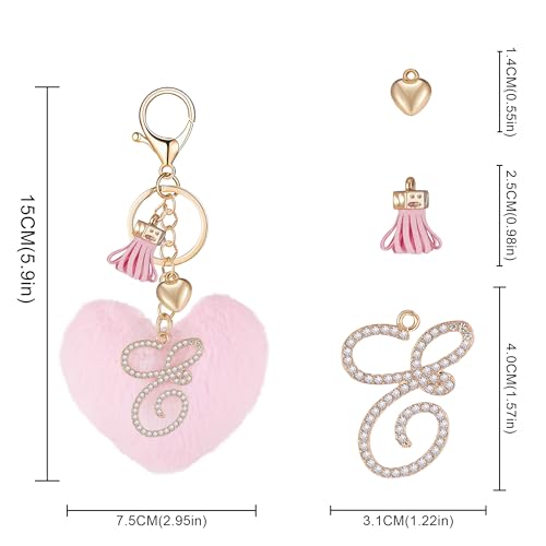 Initial Letter Heart Pom Pom Keychain for Women Pink Soft Fluffy Ball Key Ring for Purse Backpack Handbag - color: E