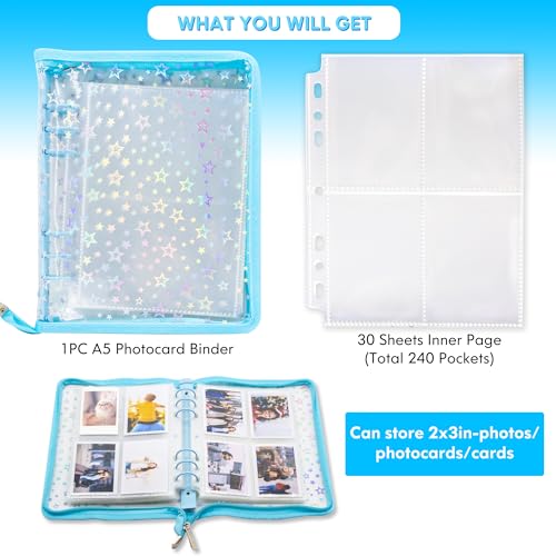 Kpop Photocard Binder Holder with 30 Pack 4-Pocket Inner Pages, A5 6 Ring Cover Album Book with Zipper for Organizing Trading Card (Blue) - color: Blue
