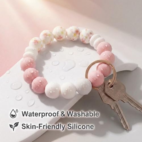 BIHRTC Key Ring Bracelet Car Keychain Holder Wristlet Silicone Women Beaded Bangle Chains - color: Pink Blue Floral