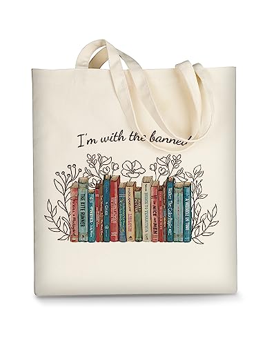 AUSVKAI Canvas Tote Bag Aesthetic Cute For Women College Grocery Bag Cotton Cloth Beach Totes Gift - color: I'm With Banned Book