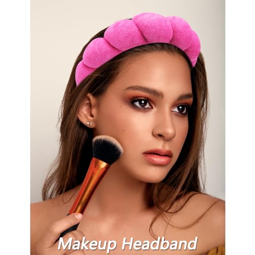 VELSCRUN Spa Headbands for Wash Face, Makeup Headband, Facial Skincare Headbands, 5 Pcs Hot Pink Puffy Sponge Spa Headband Bow Tie Hair Band Hair Clips Wristband Set Women Girls Accessories - color: Rose Red