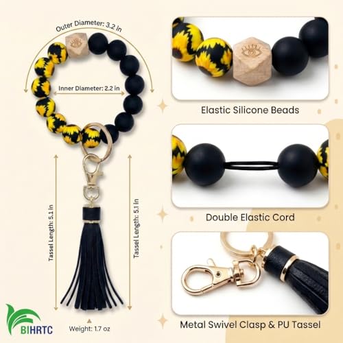 BIHRTC Key Ring Bracelet Car Keychain Holder Wristlet Silicone Women Beaded Bangle Chains - color: Sunflower