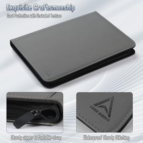 9 Pocket Card Binder - 540 Capacity with Zip Closure Premium, Double-Sided,Sturdy & Sleek PU Leather Protector for MTG, TCG, Sport & Collectible Cards (Grey) - color: Grey