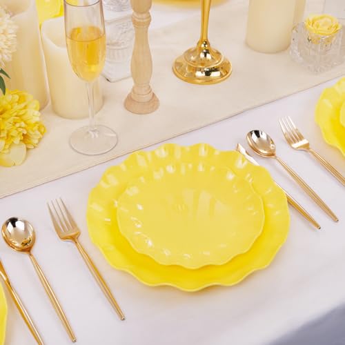 LIYH 24Pcs Yellow Plastic Plates Reusable, Dinner And Salad Set For Parties - color: Yellow, size: 24(12 Guests)