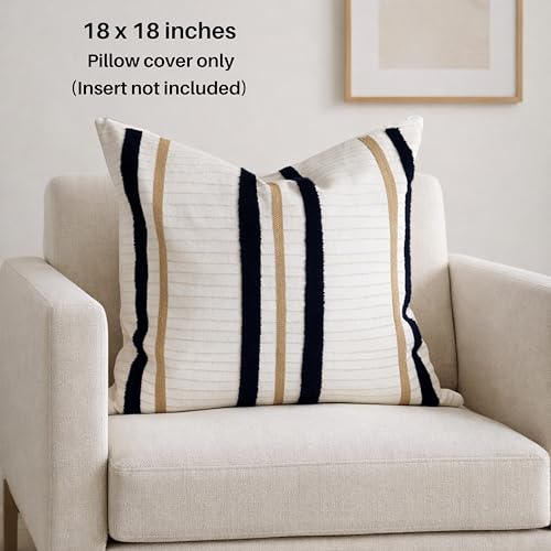 AYAY Decorative Velvet Throw Pillow Cover 18x18 Inch – Off White with Black & Beige Embroidered Modern Stripe Design, Minimalist Neutral Accent Cushion, Hidden Zipper, Cover Only - color: Modern Black and Beige