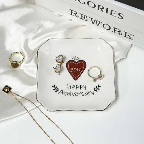 30th Anniversary Wedding Gifts for Husband, Wife, Couples, Parents, Men, Women, 30 Year Wedding Anniv. Pearl Presents for Him, Her, Ceramic Jewelry Plate Tray, Happy 30th Anniversary Ring Holder Dish - style: 30th Anniversary