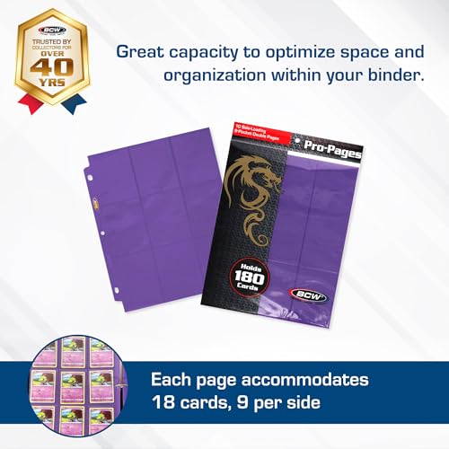 BCW Double-Sided 9-Pocket Pages Holder | Trading Card Binder Sheets | Secure Side Loading - Accommodates 18 Cards - 9 Each Side - color: Purple