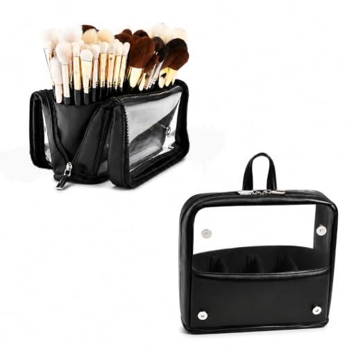 YDR Standing Makeup Brush Bag, PU Leather Cosmetic Organizer with Clear Window, Detachable Dividers and Brush Holder, Travel Makeup Organizer Case for Women, Beauty Storage - color: Black