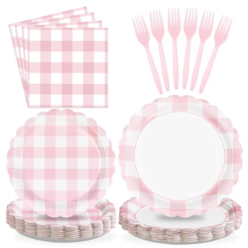 96Pcs Pink Gingham Party Decorations, Serve 24 - style: Light Pink Gingham