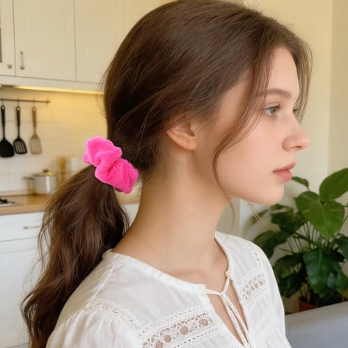 Scrunchies for Women Girls 6Pcs Hot Pink Knit Fuzzy Scrunchies for Thick Hair Ultra Textured Soft Scrunchy Hair Ties Solid Elastic Hair Bands Ponytail Holders Cute Hair Accessories Holiday Gift - color: Hot Pink 6PCS