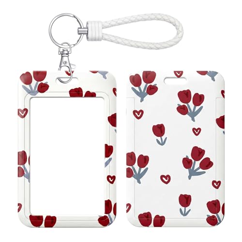 ID Card Badge Holder Key Chain with Metal Keyring, Plastic Slide Open with ID Window for Women Men Girls Students - color: Lots of Little Red Flowers