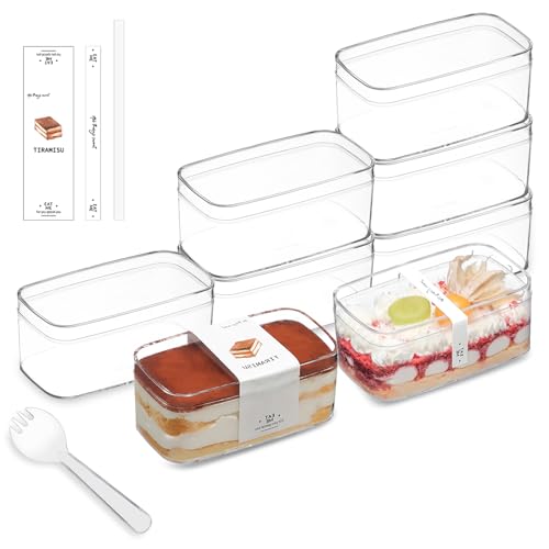 20 Pack 10OZ Rectangle Clear Plastic Dessert Cups with Lids and Sporks&Stickers Disposable Fruit Cups for Dessert,Tiramisu container with lid,Cupcake,Parfait,Pudding,Iced Cold Drinks,Fruits