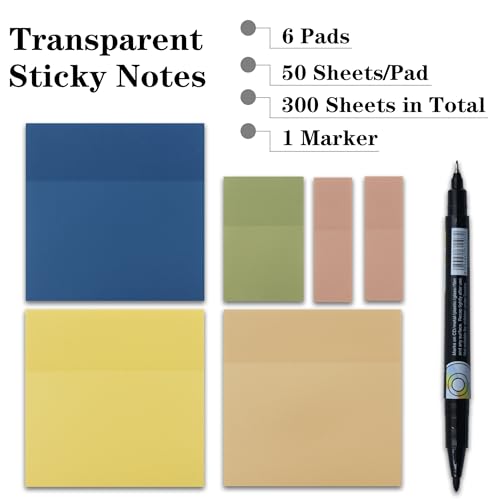 YOUDEFUL Translucent Sticky Note, Clear Sticky Note in 3 Sizes - size: Square Blue