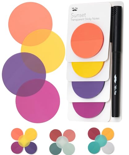 Mr. Pen- Round Transparent Sticky Notes, 1.8”, 4 Pads with Black Fineliner - color: Sunset, size: 200 Sheets