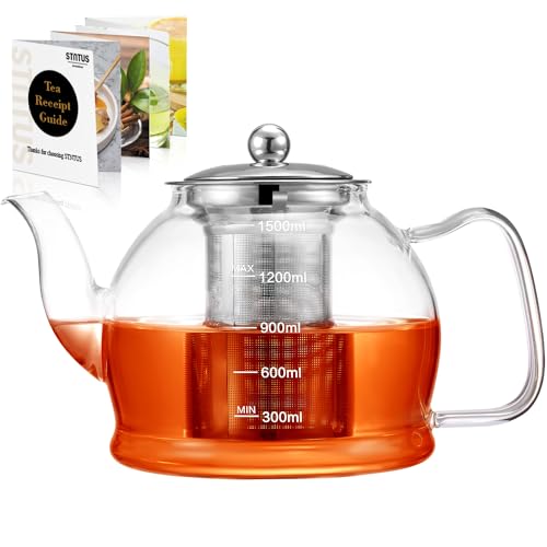 STNTUS Glass Teapot, 52 oz/1500 ml for Loose Tea, Teapot with Infusers for Loose Tea, Stainless Steel Strainer, Tea Pot for Stove - size: 1500ml/52oz