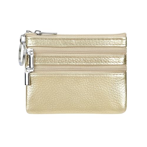 Women Genuine Leather Coin Purse Keychain Change Purse - color: Gold