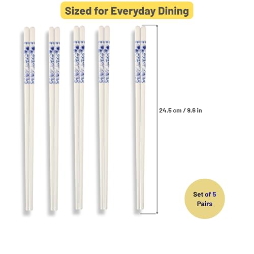 Porcelain Chopsticks Set of 5 Pairs, Reusable Bone Ceramic Chopsticks, Dishwasher Safe, Non-Slip Design, Elegant Gift Box for Family or Restaurant Use (Camellia) - color: Camellia