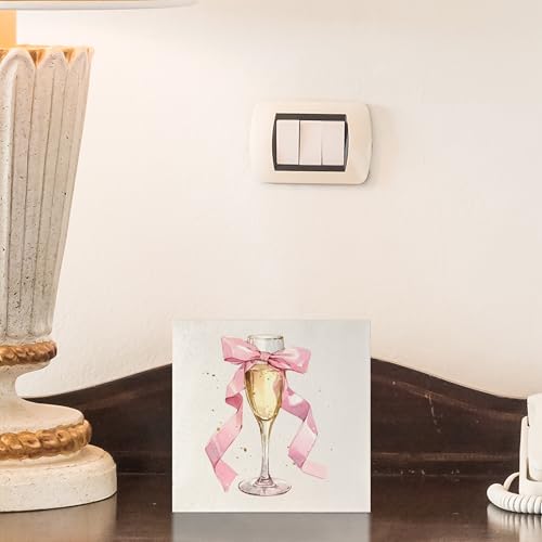 Pink Bow Champagne Flute Wooden Box Sign, Preppy Girly Room Decor Aesthetic, Pink Girly Wood Signs for Girls Room Dorm Apartment Desk Table Shelf Decor, 5x5 Inch - color: A-Pink Bow Champagne
