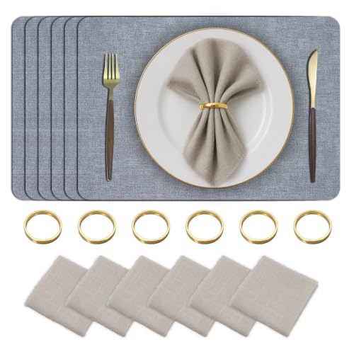 Placemats Set of 6 with Napkins and Rings - Washable Faux Leather Table Mat - color: Gray, size: Placemats Set of 6