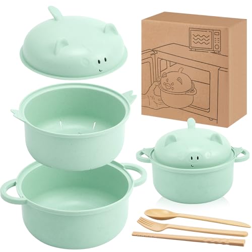 1 Set Large 45oz Cute Pig Ramen Bowl Set Microwavable, Nordic Green - color: Nordic Green