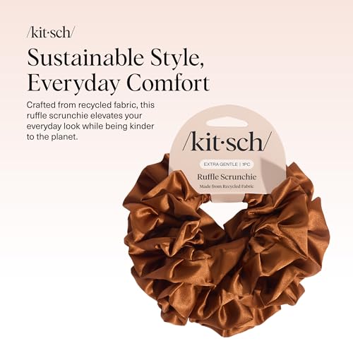 Kitsch Ruffle Satin Scrunchies For Women - Gentle Hair Tie - Camel, 1pc - color: Camel