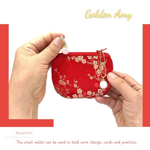 Handmade Women Coin Purse Brocade Rosary Bag Silk Jewelry Pouch Zipper Wallet - Red - color: Red