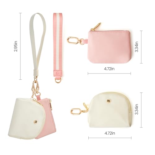 Wristlet Keychain Wallet for Women, Mini Dual Pouch with Coin Pouch – Zip Around wristlet Keychain Wallet with 2 Wristlets, Ideal for Dog Walking, Coffee Runs & Lunch Break Essentials(Beige+Pink G) - color: Beige+Pink G