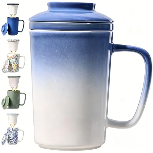 Ceramic Tea Mug with Infuser and Lid,16oz Porcelain Loose Leaf Tea Cup with Large Handle,Metal-Free Filter,Microwave &Dishwasher Safe,Perfect for Tea,Coffee (Light Blue) - color: Light Blue