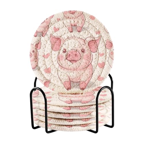Cute Pig Drink Coasters Set - 6 Pcs Minimalist Woven Coasters with Holder for Home Decor, 3.94 Inch Absorbent Coasters for Drinks - color: C185