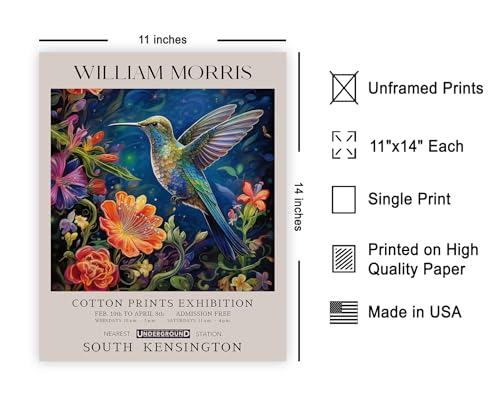 Poster Master William Morris Poster - Hummingbird and Flowers Print - Botanical Art - Exhibition Art - Farmhouse Print - Floral Illustration - Aesthetic Living Room or Office Wall Decor - 11x14 UNFRAMED Wall Decor - color: Style-06, size: 11"L x 14"W