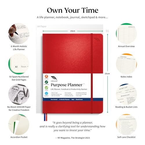 Roterunner Purpose Planner Notebook B5 7.5”x9.8” Undated Planner 2025 Daily Weekly and Monthly Productivity Goal Setting Tool for Work Home ADHD Planner for Adults Self Care Journal - color: Red, style: Hard Cover