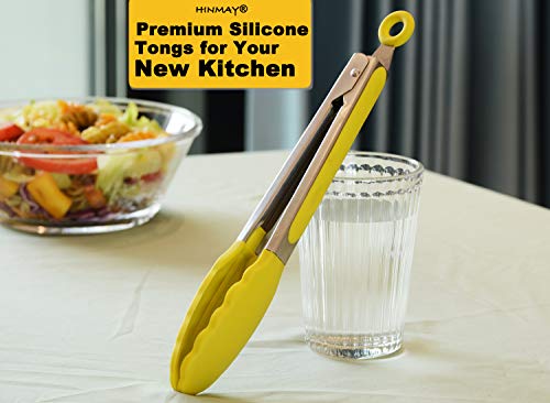 HINMAY Silicone Tipped Tongs 9" Kitchen Cooking Tongs, Set of 3 (Yellow) - color: Yellow