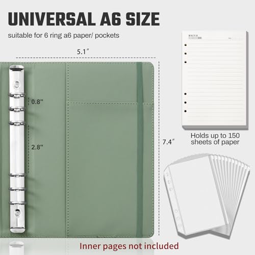 Ovesmusl PU Leather Aesthetic A6 Binder 6 Ring Binder Journal Cover - color: Green, size: A6