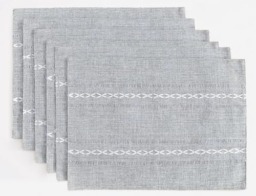 Wracra Cotton Linen Place Mats, Grey Embroidered Placemats Set of 6 - color: Hemstitched Grey, size: Placemats(Set of 6)