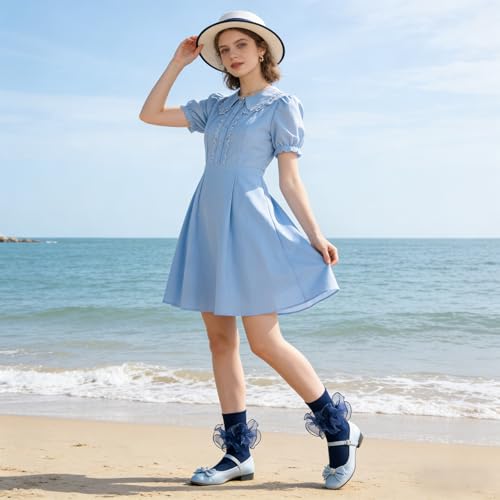 Big Ruffle Socks Women(Size 5-11) Turn Cuff Cotton Lace Frilly Socks - color: White,blue,black - 3 Pairs, size: 9-11