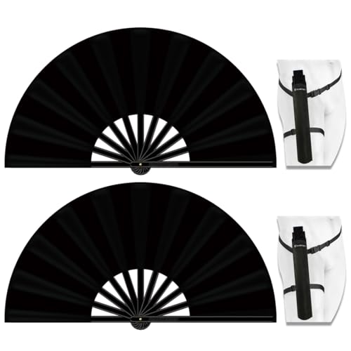 13" Large Folding Rave Fan with Holster, Clack Hand Fans Foldable for Line Dancing for Women Men Festival EDM Party Decoration, Black 2 Pack - color: Black