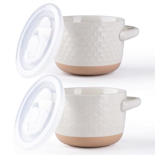 AmorArc 24 oz Soup Bowls with Lids, Ceramic Soup Containers with Handle - color: Light Beige(Geometric), size: Set of 2