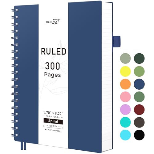 RETTACY Spiral College Ruled Notebook, 300 Pages, A5 Size (5.7" x 8.2") - color: Navy Blue, size: 5.7" x 8.2"