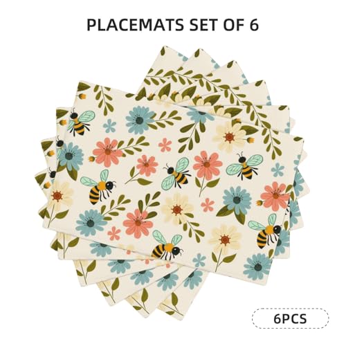 Pink and Blue Flower Bee Placemats Set of 6 12x18 Inch - color: Colorful, size: Set of 6