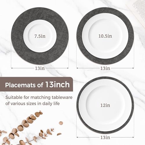 13" Round Placemats Set of 6, Reversible Faux Leather Wipeable Table Mats - color: Deep Gray
