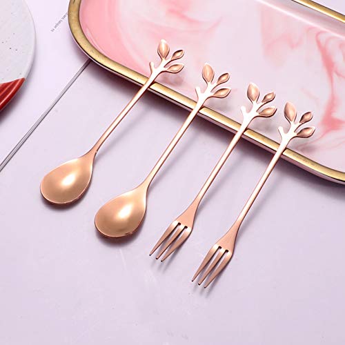AnSaw 10-Pc Rose Gold Mini Spoons & Forks Set, 4.7" - Leaf Handle - color: Rose Gold