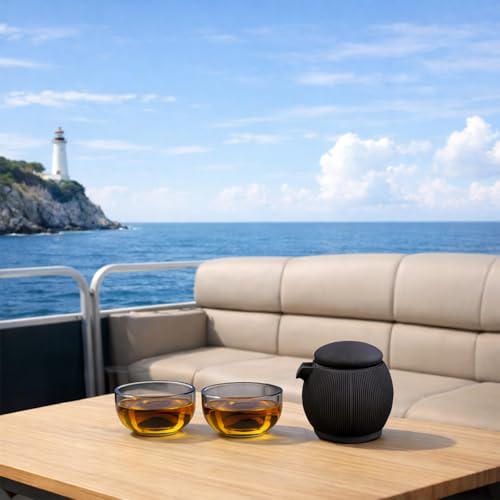 All-in-One Portable Travel Tea Kit, Ceramic Teapot with Removable Infuser, 2 High Borosilicate Glass Tea Cups, Non-Slip Silicone Sleeve & PU Leather Carry Pouch for Camping, Hiking, Office - color: Rhino Black