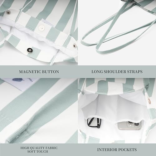 Corduroy Tote Bag Cute Tote Bags for Women Shoulder Bag with Inner Pocket for Work Beach Travel and Shopping Grocery - style: Green and White Stripes