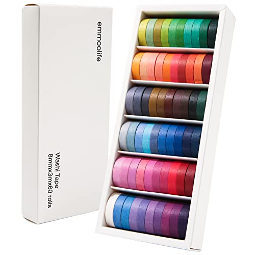 60 Rolls Washi Tape Sets 8mm Wide 10ft Long Basic Solid Color Rainbow Colored Decorative Thin Masking Tapes for Arts, Children Gifts, Bullet Journals, Wrapping Planner, Calendar, Scrapbooking DIY - style: Rainbow 60 Colors