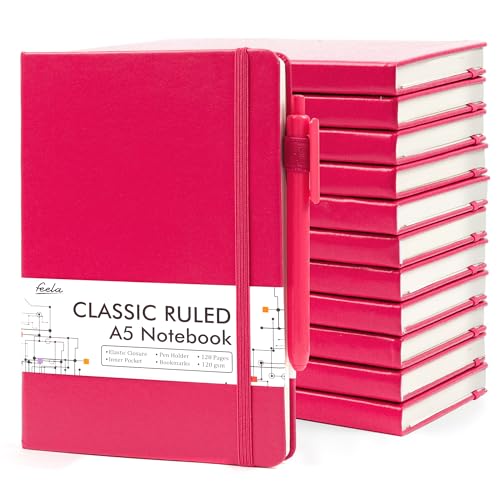 feela 12 Pack Notebooks Journals Bulk, Hardcover Notebook Classic Ruled Lined Journals with Pen Holder for Women Girls School Business Supplies, with 12 Black Pens, 120 GSM, 5.1”x8.3”, A5, Berry - color: 12 Pack berry